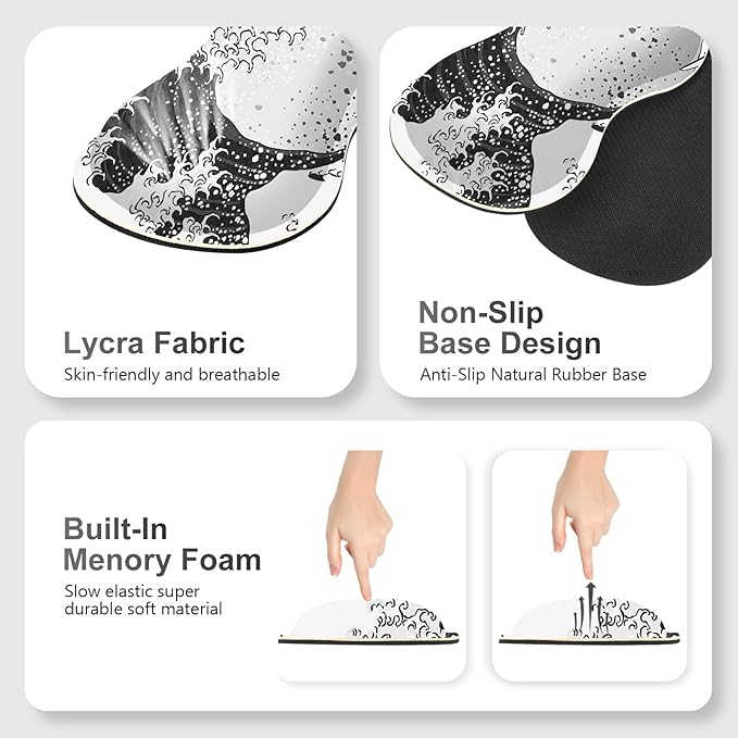 Gaming Mouse Pad Keyboard Wrist Support, 4 in1 Mousepad Set with Wrist Keyboard Rest, Computer Desk Mat, Non-Slip Desk Pad Protector with Memory Foam Easy Typing Pain Relief I Japanese Sea Wave