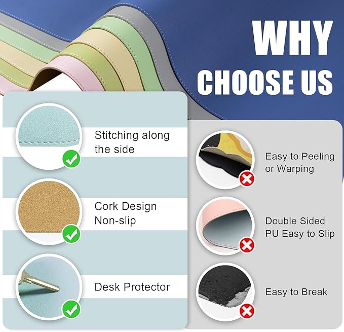 Large Desk Pad Mat - 47.2" x 17", Office Desk Mat - Non-Slip PU Leather & Cork Desk Blotter for Keyboard and Mouse - Light Blue