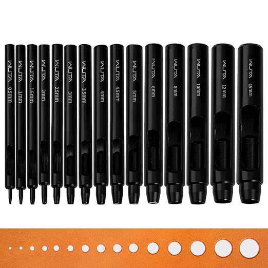 WUTA Black Round Hole Punch Leather Hollow Punch Steel Watches Belts Scrapbooking Paper Leather Tools for Watch Band, Fabric, Plastic 0.5+1+1.5+2+2.5+3+3.5+4+4.5+5+6+8+10+12mm+15mm (15pcs)