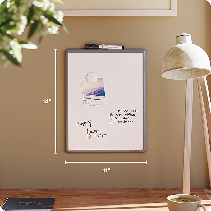 U Brands Contempo Magnetic Dry Erase Board White Board, 11" x 14", Gray Modern Frame, Includes Magnet and Marker