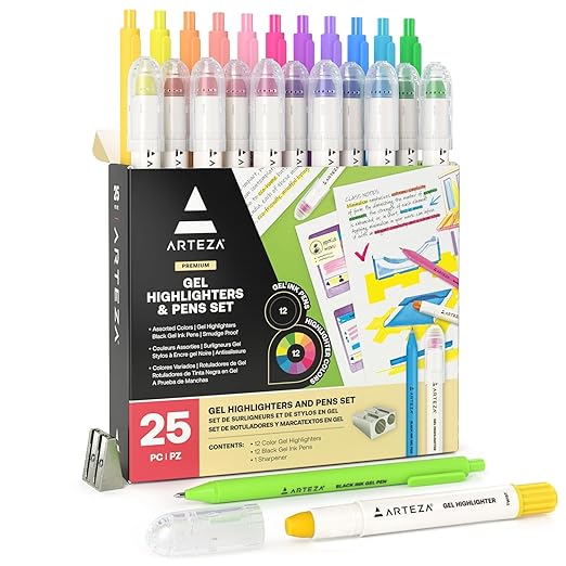 ARTEZA Gel Highlighters and Black Pens – 24-Pack with Sharpener, Smudge-Free, No-Bleed, for Thin Pages, Journaling, Note-Taking, School and Office Use