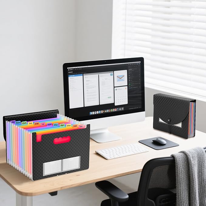 4 Pack Waterproof Accordion File Organizer, 13 Pockets Expanding File Folder with Colored Blank Tabs, Suitable for Students and Office Workers to Manage and Store Documents（Black）