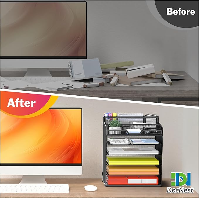 Docnest 6 Tier Mesh Desk Organizer for Paper Office Supplies – Multi-Functional Letter Tray with 5 Adjustable Compartments, 3 Pen Holders, Desktop Storage for Files, Mail, Stationery – Black