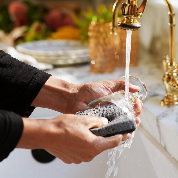 Ionic Non-Scratch Kitchen Sponge with Magnetized Holder, Dual Sided Cellulose and Scrub Pad, 12 Pack, Black/Grey