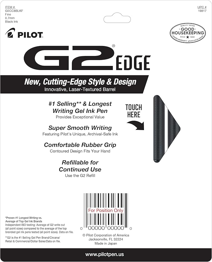 Pilot, G2 Edge Premium Gel Roller Pens, Fine Point 0.7 mm, Gel Pens Black Ink, Pack of 8 Count (Pack of 1) - Ideal for School, Journaling & Office Writing