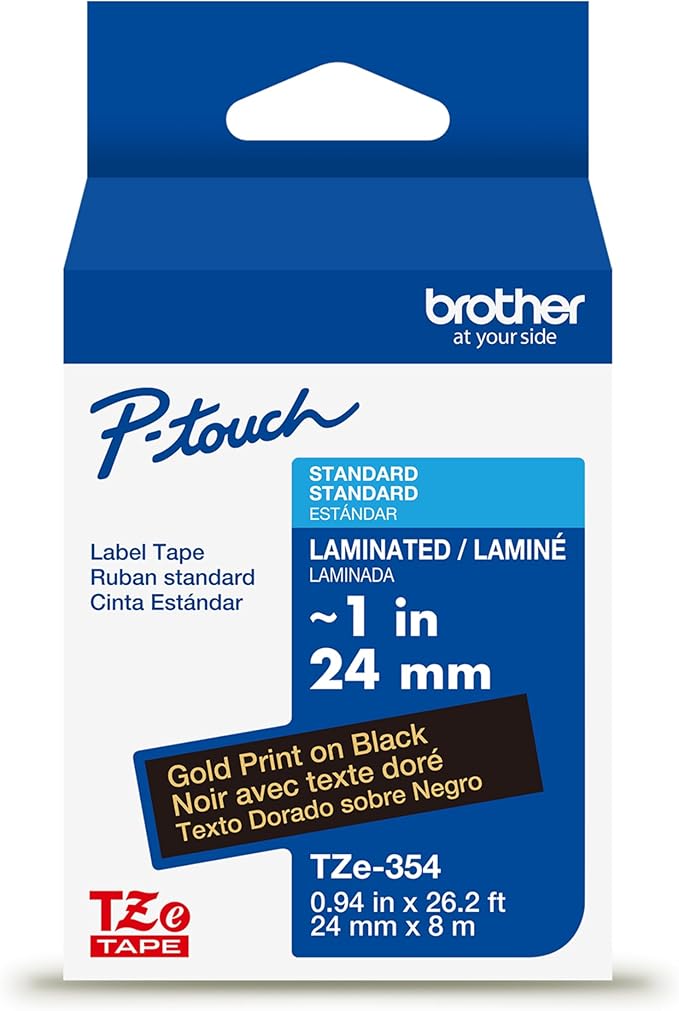 Brother Genuine P-Touch TZe Gold Print on Black Label Tape (TZe354), Laminated,1in x 26.2ft (24mm x 8m), for Select P-Touch Label Makers, Durable, Water-Resistant, Indoor/Outdoor Use