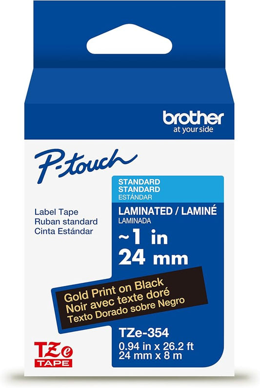 Brother Genuine P-Touch TZe Gold Print on Black Label Tape (TZe354), Laminated,1in x 26.2ft (24mm x 8m), for Select P-Touch Label Makers, Durable, Water-Resistant, Indoor/Outdoor Use