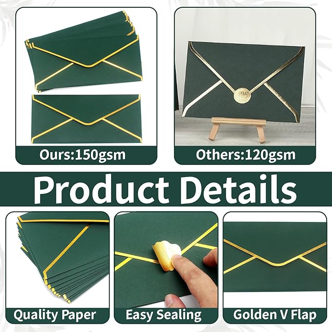 Business Envelopes with V-Flap,Gold Border 30 Pack #10 Envelopes Made of 150gsm Paper, Standard Envelopes with Gold Stickers for Office, Checks, Letter Mailing,9.45 x 4.13 Inches (Deep Green)