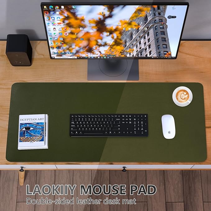 Desk Mat, Dual-Sided Pad, Large Mouse Pad, Natural Cork & PU Leather Non-Slip Waterproof Mats for Office and Home (Army Green, 31.5" x 15.7")