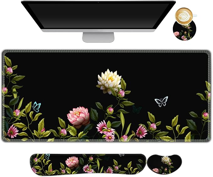 ARTSO Gaming Mouse Pad Wrist Support Set, XXL Large Desk Mat Mousepad + Keyboard Wrist Support+ Mouse Wrist Rest+Coaster 4in1 Ergonomic, Stitched Edge for Home Office -Flowers and Butterflies