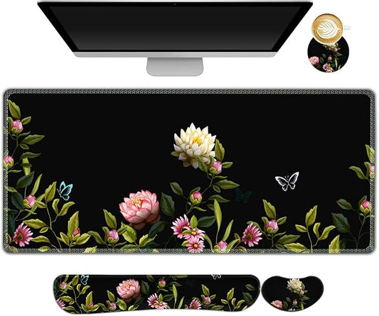 ARTSO Gaming Mouse Pad Wrist Support Set, XXL Large Desk Mat Mousepad + Keyboard Wrist Support+ Mouse Wrist Rest+Coaster 4in1 Ergonomic, Stitched Edge for Home Office -Flowers and Butterflies