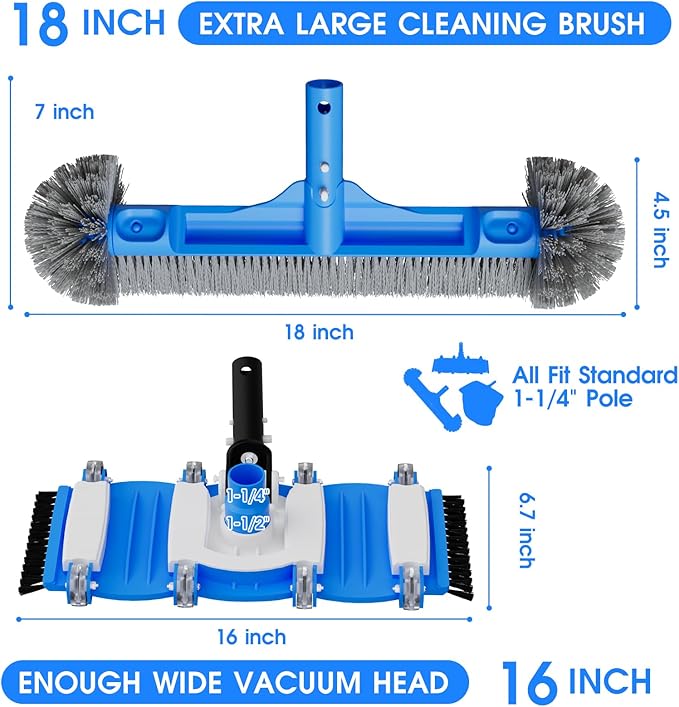 TidyMister 3-in-1 Pool Cleaning Kit Full Set - 18in Rounded End Pool Brush & Ergonomic Pool Vacuum Head with Wheels& Pool Nylon Net Fine Mesh for Above Ground In-ground Pools, Spas, Hot Tubs