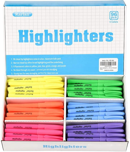 Rarlan Highlighters, Chisel Tip, Assorted Fluorescent, 96 Count Bulk Pack