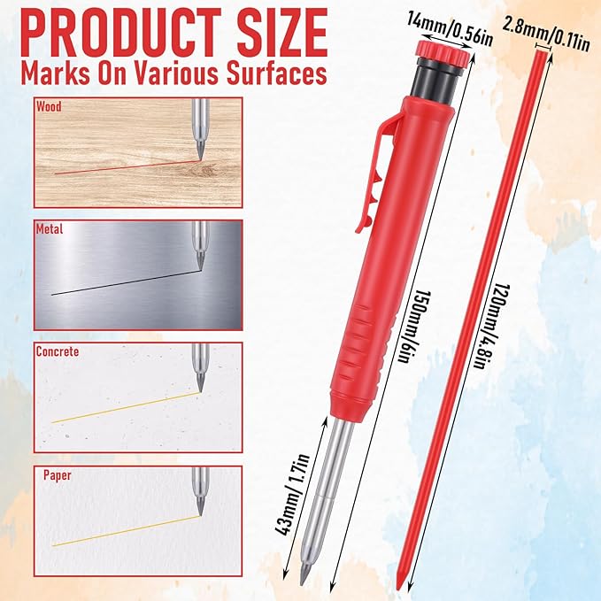 5 Pcs Carpenter Pencil, Woodworking Pencil, Construction Pencils Heavy Duty with 60 Pcs 2.8mm Refills & Built-in Sharpener, Long Nosed Deep Hole Mechanical Marker for Drafting Architect Woodwork