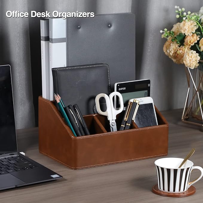 PU Leather Desk Organizer, Luxury Remote Control Holder for Home, Office Desk Accessories Table Caddy Bedside Nightstand Organizer (Brown)