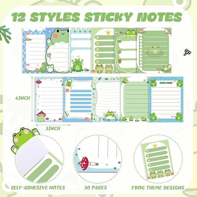 24 Pcs Frog Sticky Notes with Pens Themed Gifts Self Adhesive Notepad Cute Memo Notes Pads Black Ink Ballpoint Pen for Frog Lover Gifts Office School Students Teacher Supplies