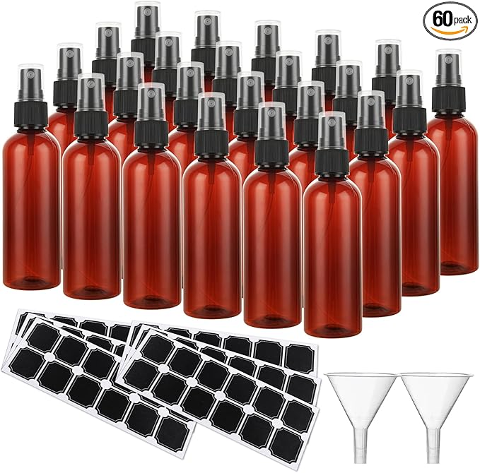 60 Pack Plastic Spray Bottles 4oz Small Empty Fine Mist Spray Bottles Amber Clear Bottles for Essential Oils, Bath, Beauty, Hair & Cleaning, Small Spray Bottles for Travel, With 10 Funnels