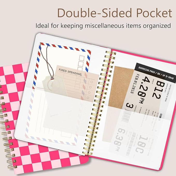 Cute Spiral Notebook journal A5 Aesthetic Pretty Floral Design for Women Girls Kawaii with Pocket, 8.5 x 5.7 inch, Pink Plaid