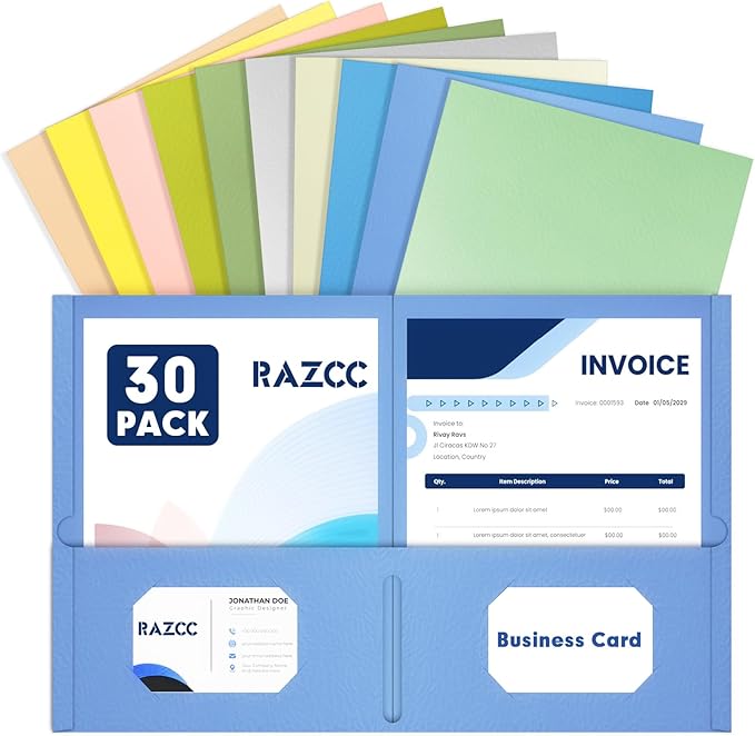 Two Pocket Folders, RAZCC 30 Pack File Folders with Pockets Fit Letter Size Paper, Thick Paper File Folder for School Office Business Home, Assorted 10 Colors