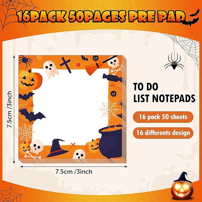 16 Pieces Halloween Sticky Note Self-Adhesive Halloween Note Pads with Spider Pumpkin Bat Eyeball Halloween Memo Notes for Halloween School Office Home Students Teachers Presents 30 Sheets Each