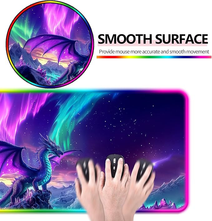 RGB Fantasy Aurora Scenery and Dragon Gaming Desk Mat, Computer Keyboard Large Extended Long LED Mouse Pad for Office and Home, XL (W06)