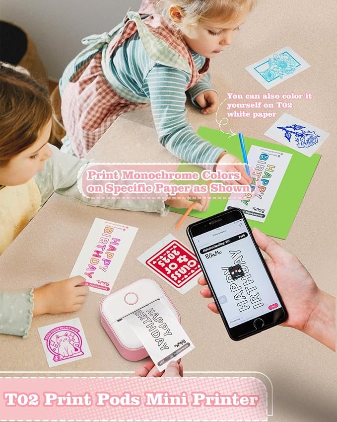 Memoking Mini Sticker Printer - T02 Mini Thermal Printer Wireless Inkless Label Maker Portable Sticker Maker for Student Birthday Gift, Compatible with iOS & Android, Pink
