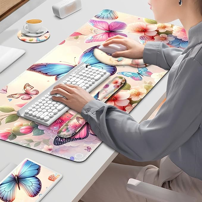 Gaming Mouse Pad, Large Desk Mat, Cute Desk Pad Protector, 4in1 XXL Mousepad + Keyboard Wrist Rest+Mouse Wrist Rest+Coaster Set with Ergonomic Desk Pad for Home Office PC Computer, Butterflies Flowers