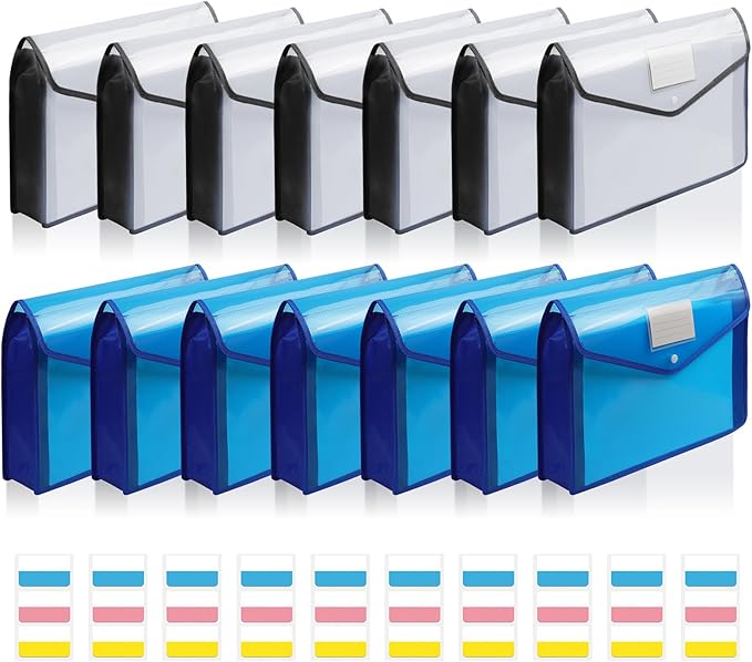 GJIAUKIZ Plastic File Folders Legal Size Envelope Expanding Document Organizer Folders with Snap Button Closure for School Office (Transparent & Blue, 14 Packs) with 30 Pieces Index Tabs