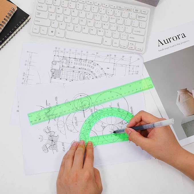 2 PCS 12 Inch Plastic Ruler and 6 Inch Plastic Protractor, Green Clear Ruler Protractor Math Geometry Sets Rulers Angle Finder with Inches and Centimeters for School Classroom Office Drawing Supplies