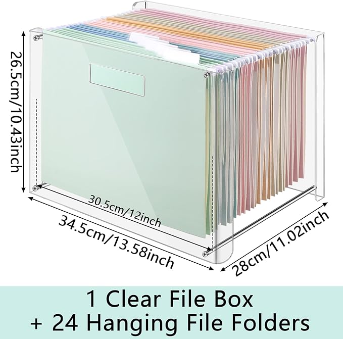 24 Hanging File Folder with Acrylic Organizer for Letter/a4 Size Desktop Clear File Storage Box with Handles for Home Work Office Use(Colorful,Classic)