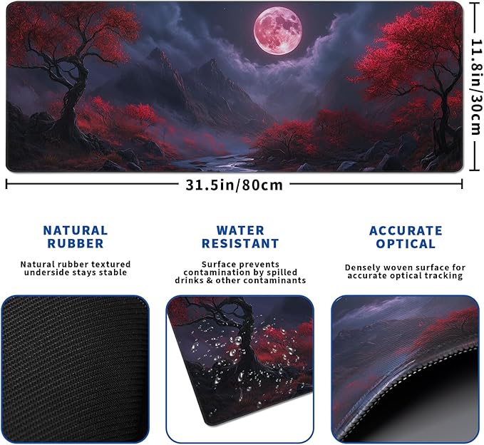 Darkness Red Moon Mouse Pad Abstract Red Mouse Pad 31.5x11.8 Inch Texture Non-Slip Rubber Base Large Mousepad Stitched Edges Keyboard Mouse Mat Desk Pad for Office and Home (Darkness 2)