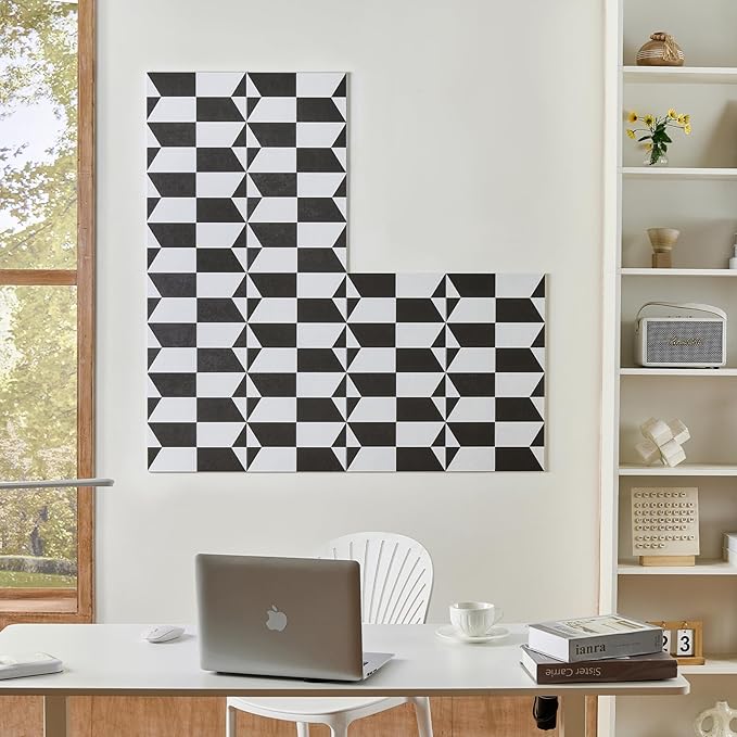 12-Pack Felt Wall Tiles, Large Bulletin Board with Safe Removable Adhesive Tapes, 11.8 x 11.8in Panels Alternative for Home Wall Decor, Black-and-White Pattern