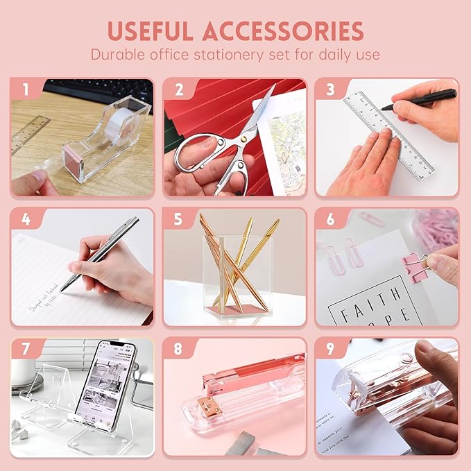 DRQ Pink Desk Organizers and Accessories Office Supplies, 10Pcs Set for Office with Stapler, Tape Dispenser, Pens, Pen Holder, Phone Holder, Tape, Ruler, 1 Box Staple, Scissors and 1 Box of Clip