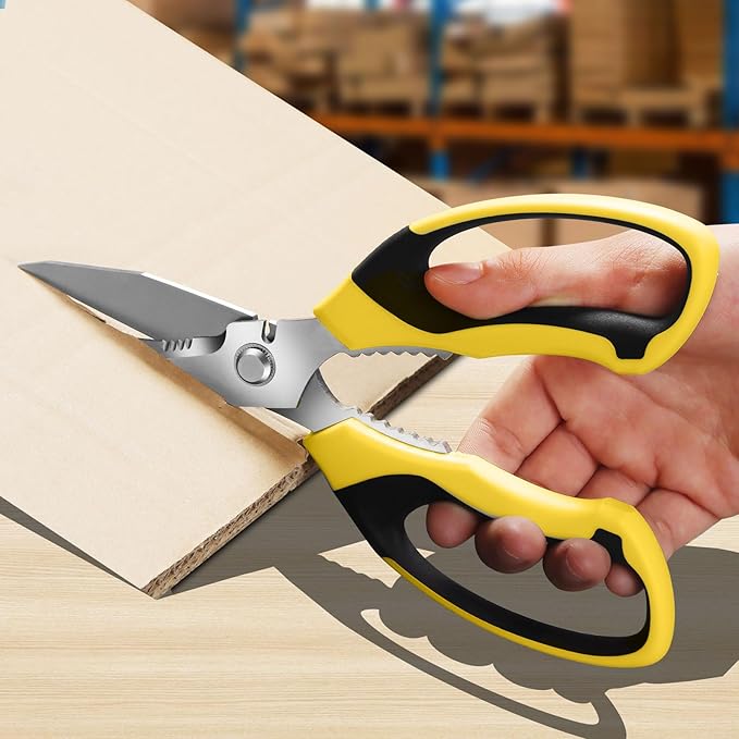 Utility Scissors Heavy Duty: sharp Scissors All Purpose heavy duty, Easy Cutting Carpet, Cardboard, Wires, Leather, Fabric（8'' Yellow）