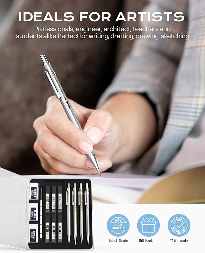 Nicpro 4 Pack Mechanical Pencil 0.7mm with Case, MB1000 Metal Mechanical Pencil Set with 6 Tube HB #2 Lead Refill 0.7 mm, 3PCS 4B Eraser, 9 Cap Eraser for Artist Drafting Writing, Sketching, Drawing