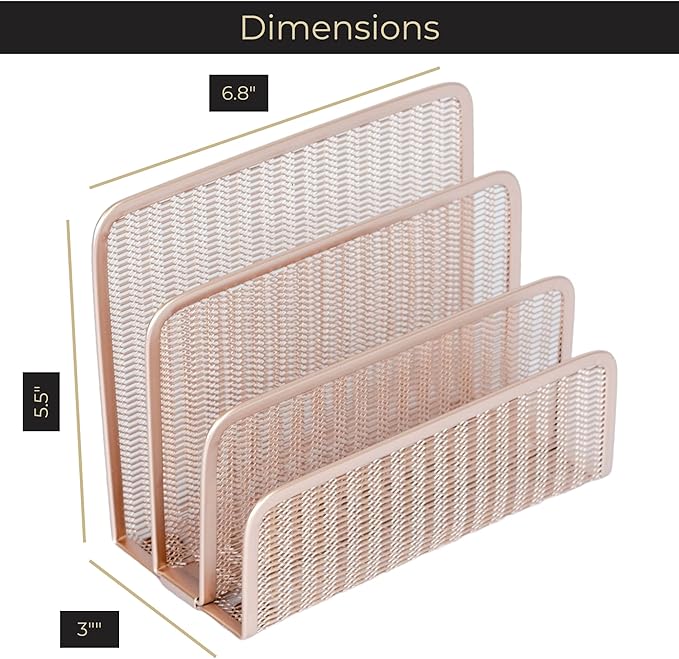 Blu Monaco Rose Gold Metal Mesh Letter Sorter – 3-Slot Mail Organizer for Desk, Office & Home – Space-Saving Vertical Mail Holder for Envelopes, Documents & Files – Modern Desk Organizer