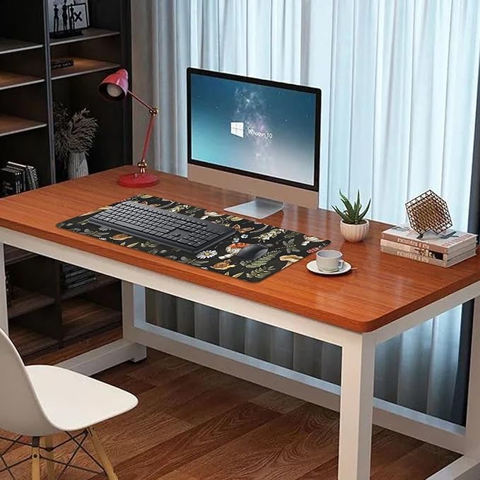 Plant Mushroom Desk Pad Mouse Pad,Large Black Aesthetic Mouse Mat with Stitched Edges,Non-Slip Rubber Base Mousepad for Office PC Keyboard Laptop and Home Work Desk Mat(27.5X11.8 in)