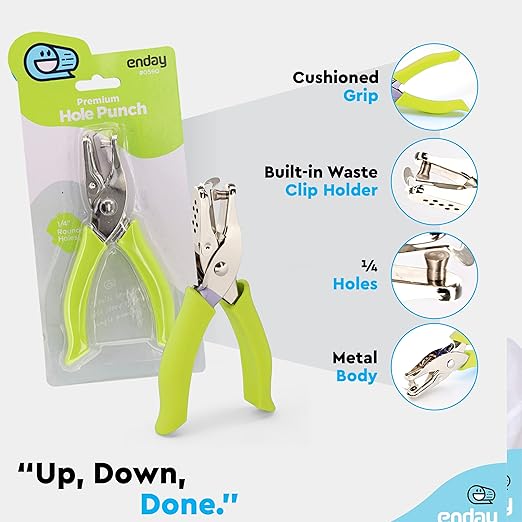 Single Hole Punch Metal Green, 1/4” Hole Puncher with Soft Grip Handles for Paper and Crafts Round Circle Shape, for Kids and Adults, Also Available in Purple, Pink, Red, Blue, Grey, 1 Pc – by Enday