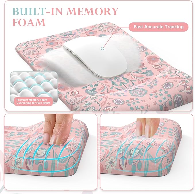 iCasso Mouse Pad with Wrist Rest,Large Desk Mat Set,Ergonomic Keyboard Pad with Wrist Support,Non-Slip Mouse Mat for Women,Cute Floral Computer Mat for Home Office Gaming (Pink)