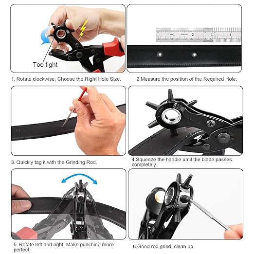 Leather Hole Punch Tool Set, Belt Hole Puncher Kit, Professional Puncher for Belt, Saddle, Dog Collars, Watch Strap, Shoe, Fabric, Paper, Craft Projects, Easily Punches Perfect Round Holes