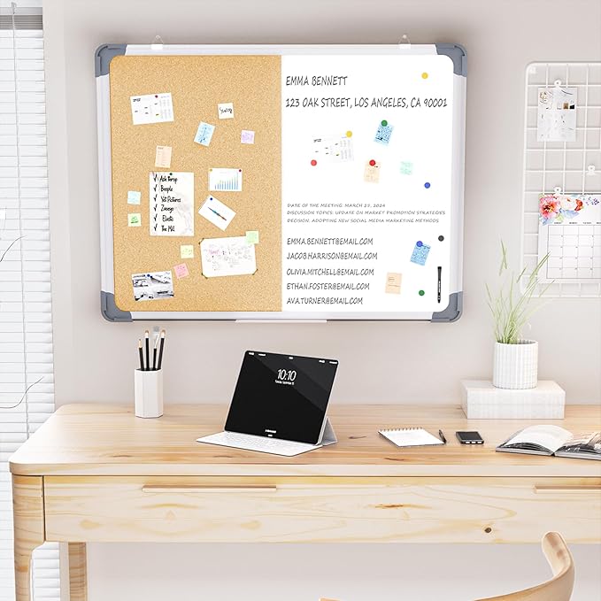 Cork Board White Board Combo, 18" x 24" Cork White Board Combination with Removable Tray, 10 Pins, Eraser, 8 Markers, 6 Magnets（Vertical）