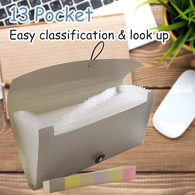 Small Accordion File Organizer - 13 Pocket Expanding Folder for Receipts, Bills, and Envelopes - Money Saving Binder (Black)