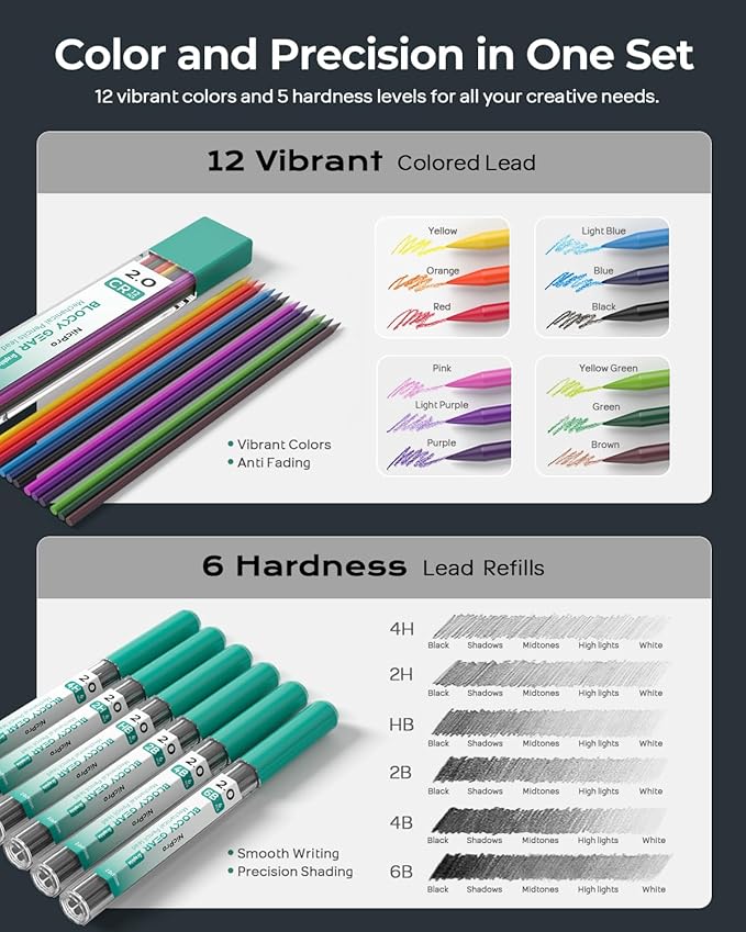 Nicpro 3 Pack Blocky Gear 2.0 mm Metal Mechanical Pencils Set with Case, Drafting Pencil with 13 Tubes 2mm Lead Refills (HB 2B 2H 4B 4H 6B & Colors), Erasers for Carpenter Writing Drawing