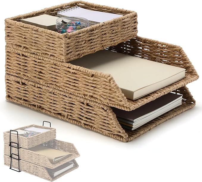 Geelin 3 Pack Woven Paper Rope Stackable Desk Organizer Letter Tray, Tabletop Desk Basket for Storage Paper Letter Folders Notebooks Copy Print, Workspace Holder, Keep Stationery Saver