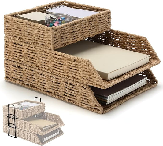 Geelin 3 Pack Woven Paper Rope Stackable Desk Organizer Letter Tray, Tabletop Desk Basket for Storage Paper Letter Folders Notebooks Copy Print, Workspace Holder, Keep Stationery Saver