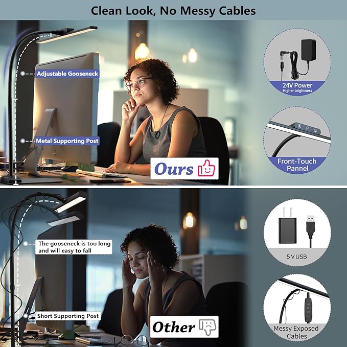 KableRika LED Desk Lamp with Base: Bright Desk Lights for Home Office - Eye Care Reading Table Lamps - Dimmable Desktop Lighting for Computer Monitor Study Drafting Black