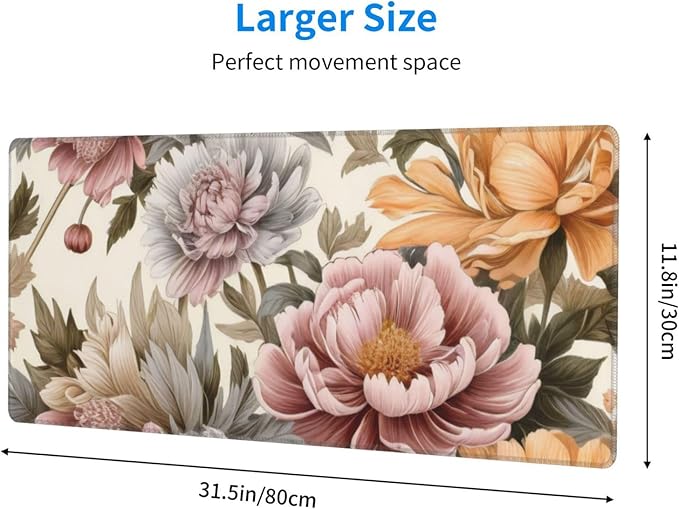 Gaming Mouse Pad, Large Non-Slip Rubber Base Mousepad, Keyboard Mouse Mat, Desk Pad with Stitched Edges, 31.5x11.8inch, Bloom