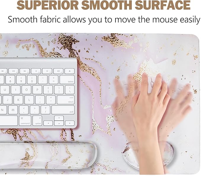 ARTSO Large Gaming Mouse Pad, Keyboard Wrist Rest Pad & Wrist Support Mousepad Set, Stitched Edge, Extended, Non-Slip Base, Memory Foam,Multifunctional Desk Mat 4pcs for Office & Home, Pink Marble