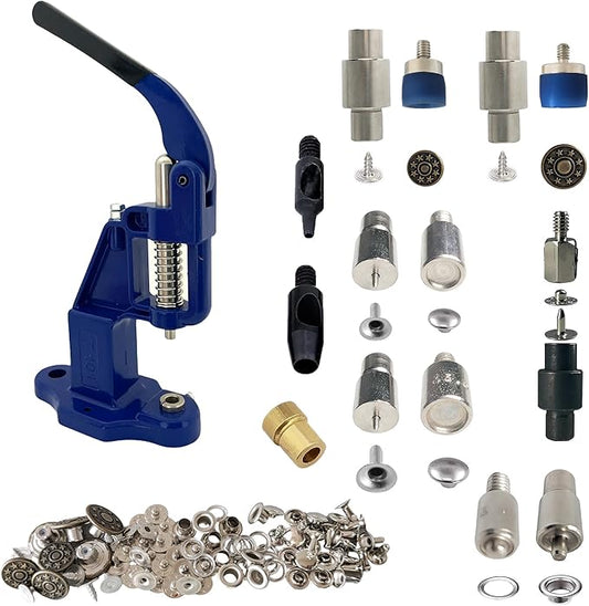 Hand Press with Brass 14 mm and 17 mm Jean Buttons Nipple Rivets 5mm (Nr3) Eyelets 7 and 9 mm Single Capped Rivets Matching Dies and Hole Punch (Navy Press)
