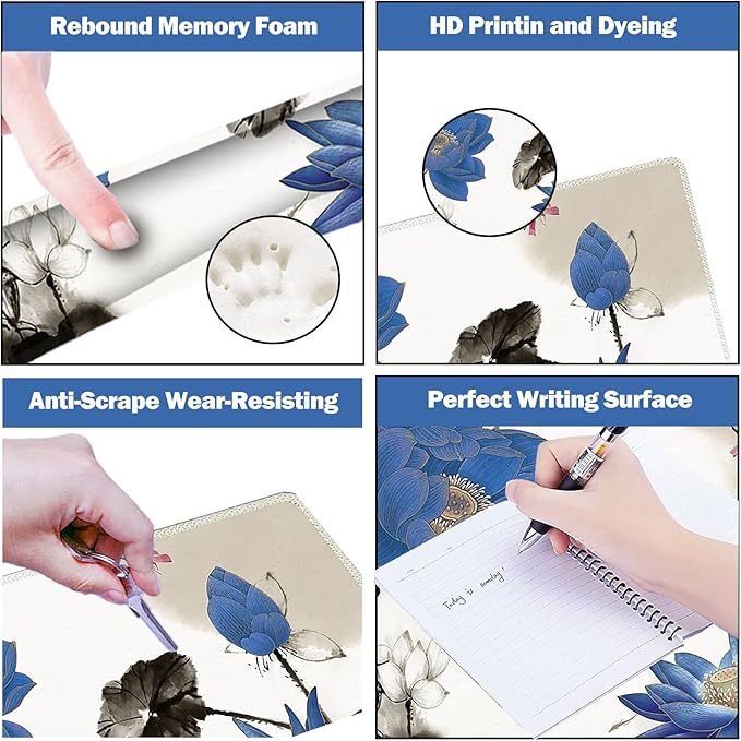 ARTSO Extended Gaming Mouse Pad Set, Keyboard Wrist Rest Support Pad + Wrist Cushion + XXL Large Mouse Pad + Coaster, Stitched Edge, Non-Slip, Memory Foam Desk Mat, Blue Lotus Ink Painting